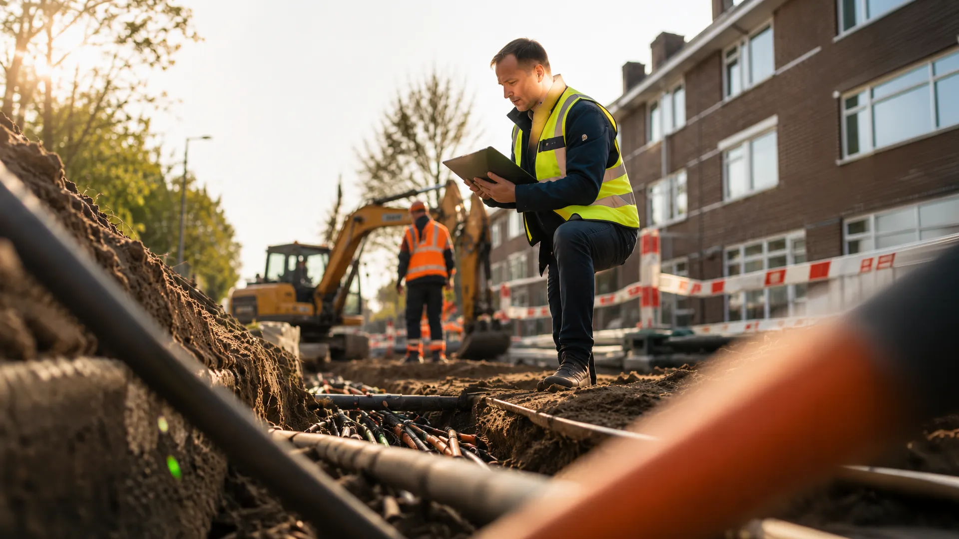 Inspectie van kabels en leidingen in een straat van een stad