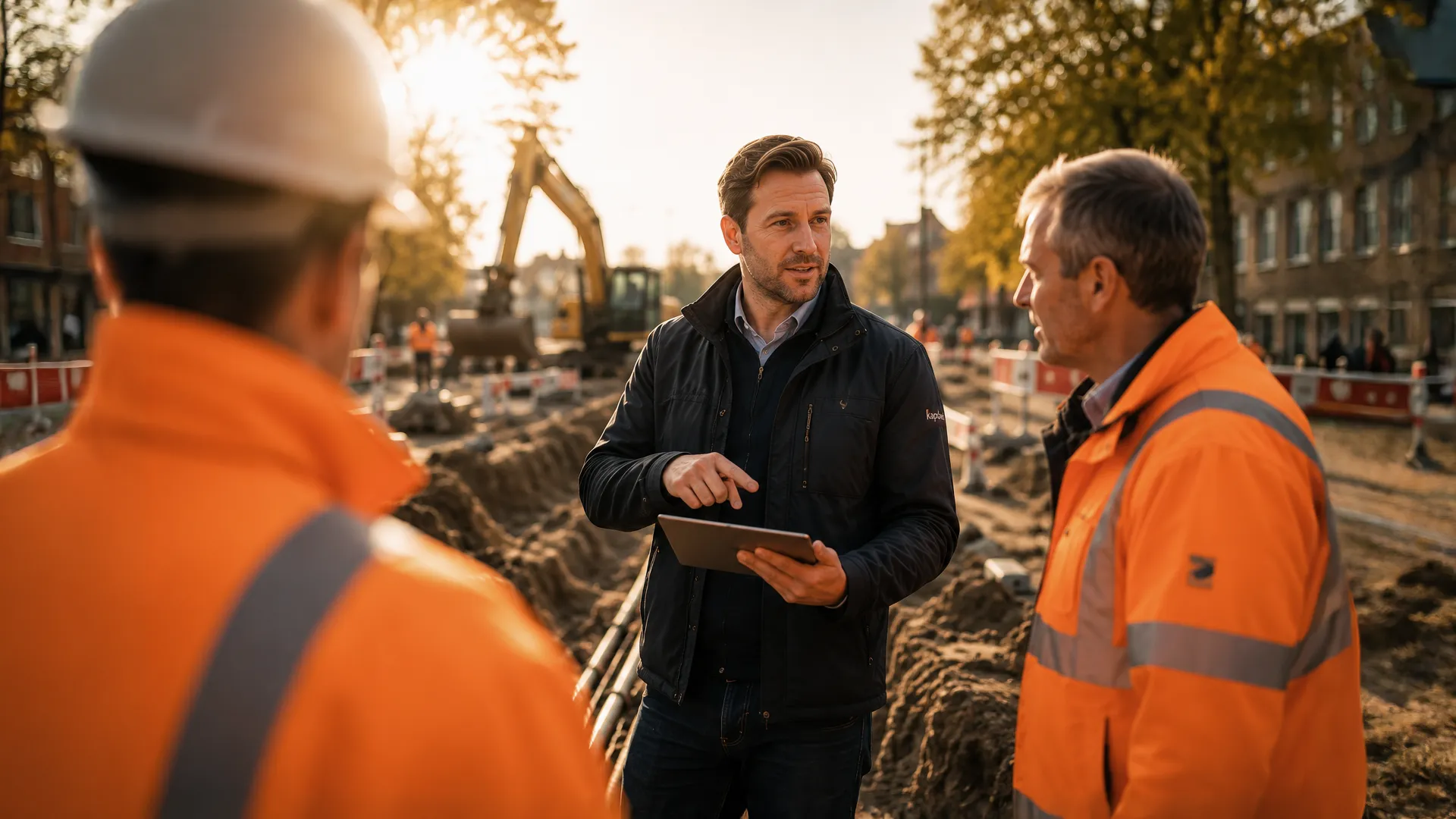 Gesprek tussen kabels en leidingen professionals op de bouwplaats