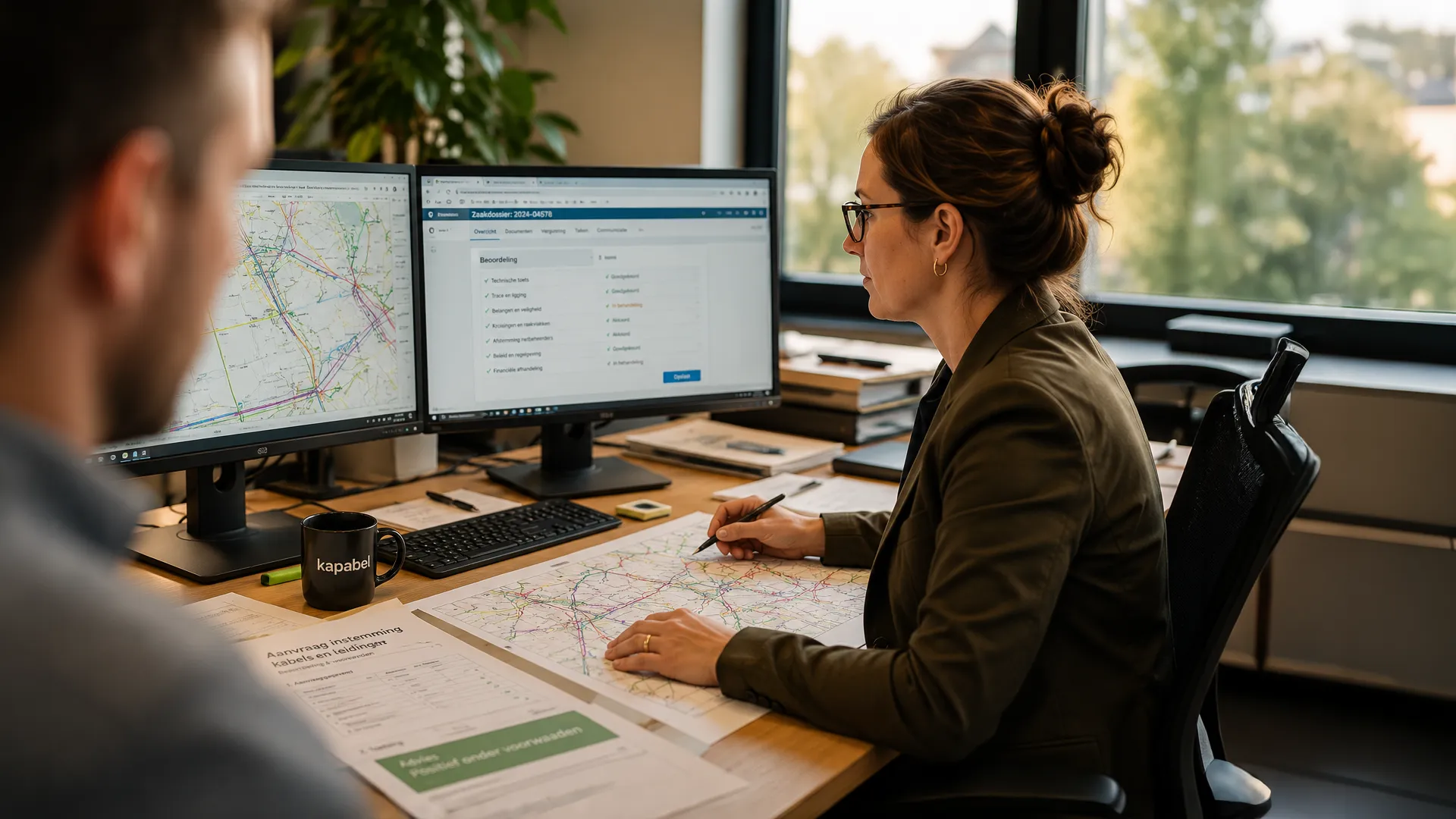 Vrouwelijke kantoormedewerker bekijkt plannen over kabels en leidingen